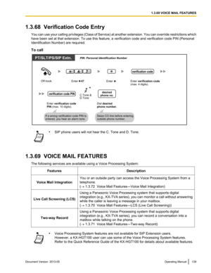 Page 1391.3.68  Verification Code Entry
You  can use your calling privileges (Class of Service) at another extension. You can override restrictions which
have been set at that extension. To use this feature, a verification code and verification code PIN  (Personal
Identification Number) are required.
To call •
SIP phone users will not hear the C. Tone and D. Tone.
1.3.69  VOICE MAIL FEATURES The following services are available using a Voice Processing System:
Features Description
Voice Mail Integration You or...