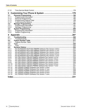 Page 162.1.6 Time Service Mode Control ..
........................................................................................ 176
3 Customizing Your Phone & System ................................................... 179
3.1 Personal Programming ................................................................................................. 180
3.1.1 Programming Information .. ........................................................................................... 180
3.1.2 Personal Programming .....