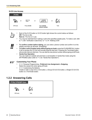 Page 28S-CO Line Access
•
Each of the S-CO button or G-CO button light shows the current status as follows:
Off: The line is idle.
Red on: The line is in use.
• You 
may be restricted from making a call to the specified outside party. To make a call, refer
to "1.3.68  Verification Code Entry" or "1.3.74  Walking COS". •
To confirm number before dialing,  you can enter a phone number and confirm it on the
display and then go off-hook. 
 (Predialing)
• To make a call to another party without going...