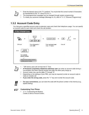 Page 31•
Enter the desired value in the "%" positions. You must enter the correct number of characters
as represented by the "%" using 0 to 9 or  .
• The preprogrammed messages can be changed through system programming.
• To 

create your personal message (Message no. 9), refer to "3.1.2  Personal Programming".
1.3.2  Account Code Entry You 
 may give a specified account code to extension users and check their telephone usage. You can specify
an account code for each client and check the...