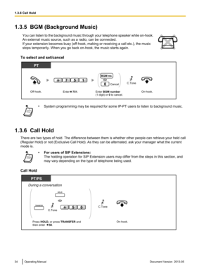 Page 341.3.5  BGM (Background Music)
You can listen to the background music through your telephone speaker while on-hook.
An external music source, such as a radio, can be connected.
If your extension becomes busy (off-hook, making or receiving a call etc.), the music
stops temporarily. When you go back on
-hook, the music starts again.To select and set/cancel
•
System programming may be required for some IP
 -PT users to listen to background music.
1.3.6  Call Hold There 
 are two types of hold. The difference...