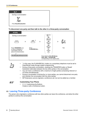 Page 58To disconnect one party and then talk to the other in a three-party conversation
•
* In this case, the FLASH/RECALL button on a proprietary telephone must be set to
Flash/Recall mode through system programming.
• During a three-party conversation, pressing the TRANSFER button or Recall/
hookswitch alternates between the two other parties in the conversation.
• You can have a conference with a maximum of eight parties 
(comprising intercom or
CO lines) simultaneously.
• During a conversation involving...