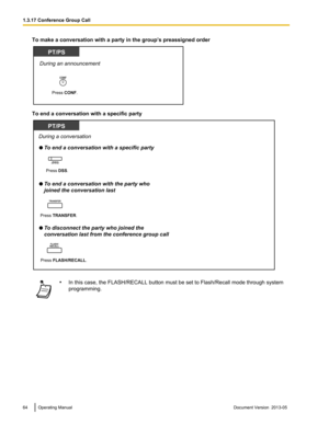 Page 64To make a conversation with a party in the group’s preassigned order
To end a conversation with a specific party
•
In this case, the FLASH/RECALL button must be set to Flash/Recall mode through system
programming. 64 Operating Manual
Document Version  2013-05  1.3.17 Conference Group CallPT/PS
Press CONF.
During an announcement
CONF PT/PS
   To end a conversation with a specific party
During a conversation
(DSS)
Press DSS.
   To end a conversation with the party who 
   joined the conversation last
Press...