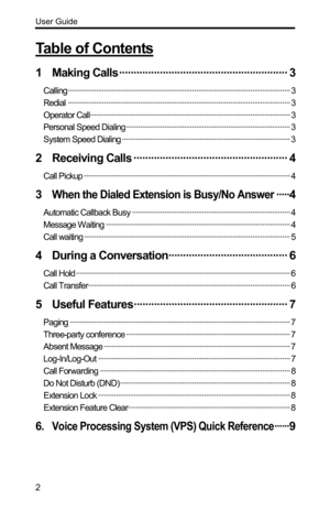 Page 2User Guide 
2 
Table of Contents 
1 Making Calls ·························································· 3 
Calling ··············································································································· 3 
Redial ··············································································································· 3 
Operator Call···································································································· 3 
Personal Speed Dialing...