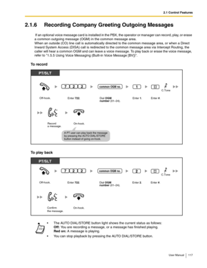 Page 1172.1 Control Features
User Manual 117
2.1.6 Recording Company Greeting Outgoing Messages
 If an optional voice message card is installed in the PBX, the operator or manager can record, play, or erase 
a common outgoing message (OGM) in the common message area.
 
When an outside (CO) line call is automatically directed to the common message area, or when a Direct 
Inward System Access (DISA) call is redirected to the common message area via Intercept Routing, the 
caller will hear a common OGM and can...