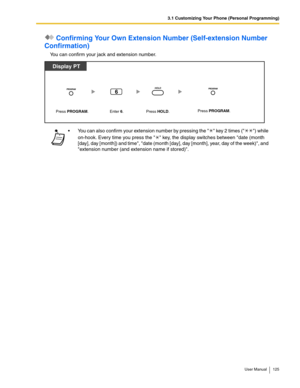 Page 1253.1 Customizing Your Phone (Personal Programming)
User Manual 125
 Confirming Your Own Extension Number (Self-extension Number 
Confirmation)
You can confirm your jack and extension number.
 You can also confirm your extension number by pressing the  key 2 times () while 
on-hook. Every time you press the  key, the display switches between date (month 
[day], day [month]) and time, date (month [day], day [month], year, day of the week), and 
extension number (and extension name if stored).
Press HOLD....