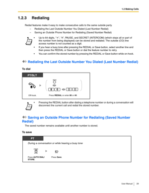 Page 291.2 Making Calls
User Manual 29
1.2.3 Redialing 
Redial features make it easy to make consecutive calls to the same outside party.
–Redialing the Last Outside Number You Dialed (Last Number Redial)
–Saving an Outside Phone Number for Redialing (Saved Number Redial)
 Redialing the Last Outside Number You Dialed (Last Number Redial)
To dial
 Saving an Outside Phone Number for Redialing (Saved Number 
Redial)
The saved number remains available until another number is stored.
To save
 Up to 64 digits, , #,...