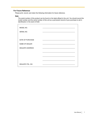 Page 7User Manual 7
For Future Reference
Please print, record, and retain the following information for future reference.
Note
The serial number of this product can be found on the label affixed to the unit. You should record the 
model number and the serial number of this unit as a permanent record of your purchase to aid in 
identification in the event of theft.
MODEL NO.
SERIAL NO.
DATE OF PURCHASE
NAME OF DEALER
DEALERS ADDRESS
DEALERS TEL. NO. 