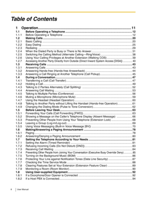 Page 88 User Manual
Table of Contents
1 Operation...............................................................................................11
1.1 Before Operating a Telephone .......................................................................................12
1.1.1 Before Operating a Telephone ..........................................................................................12
1.2 Making Calls...