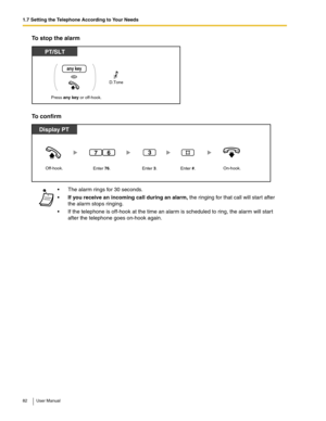 Page 821.7 Setting the Telephone According to Your Needs
82 User Manual
To stop the alarm
To confirm
 The alarm rings for 30 seconds.
If you receive an incoming call during an alarm, the ringing for that call will start after 
the alarm stops ringing.
 If the telephone is off-hook at the time an alarm is scheduled to ring, the alarm will start 
after the telephone goes on-hook again.
Press any key or off-hook.
PT/SLT
OR
any key
D.Tone
Off-hook.On-hook.
Display PT
3
Enter 76. Enter 3. Enter #.
67 