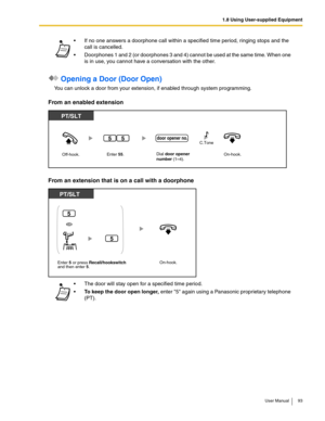 Page 931.8 Using User-supplied Equipment
User Manual 93
 Opening a Door (Door Open)
You can unlock a door from your extension, if enabled through system programming.
From an enabled extension
From an extension that is on a call with a doorphone
 If no one answers a doorphone call within a specified time period, ringing stops and the 
call is cancelled.
 Doorphones 1 and 2 (or doorphones 3 and 4) cannot be used at the same time. When one 
is in use, you cannot have a conversation with the other.
 The door...