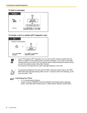 Page 961.8 Using User-supplied Equipment
96 User Manual
To listen to messages
To transfer a call to a mailbox (APT Integration only)
 If your VPS suppor ts APT Integration, you can also transfer received outside (CO) line 
calls to a mailbox so that calling parties can leave messages. If you create a Voice Mail 
Transfer button on your phone, you can transfer calls to a desired extension without having 
to enter the mailbox number (Voice Mail Transfer).
 
The maximum recording time for caller messages depends...