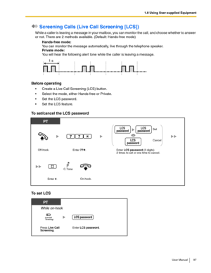 Page 971.8 Using User-supplied Equipment
User Manual 97
 Screening Calls (Live Call Screening [LCS])
While a caller is leaving a message in your mailbox, you can monitor the call, and choose whether to answer 
or not. There are 2 methods available. (Default: Hands-free mode)
Hands-free mode: 
You can monitor the message automatically, live through the telephone speaker. 
Private mode: 
You will hear the following alert tone while the caller is leaving a message.
Before operating
 Create a Live Call Screening...