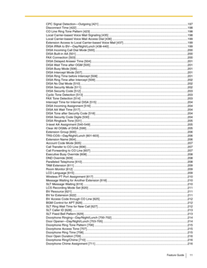 Page 11Feature Guide 11
CPC Signal Detection—Outgoing [421] .........................................................................................................197
Disconnect Time [422] ...................................................................................................................................198
CO Line Ring Tone Pattern [423] ...................................................................................................................198
Local Carrier-based Voice Mail...