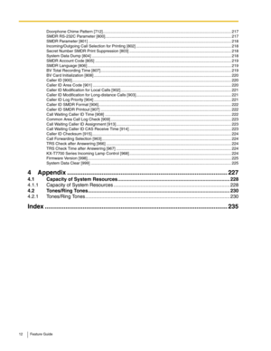 Page 1212 Feature Guide
Doorphone Chime Pattern [712]....................................................................................................................217
SMDR RS-232C Parameter [800]..................................................................................................................217
SMDR Parameter [801] .................................................................................................................................218
Incoming/Outgoing Call Selection for...