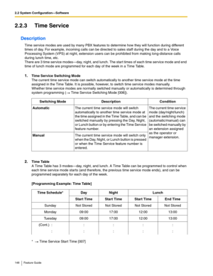 Page 1482.2 System Configuration—Software
148 Feature Guide
2.2.3 Time Service
Description
Time service modes are used by many PBX features to determine how they will function during different 
times of day. For example, incoming calls can be directed to sales staff during the day and to a Voice 
Processing System (VPS) at night, extension users can be prohibited from making long-distance calls 
during lunch time, etc. 
 
There are 3 time service modes—day, night, and lunch. The start times of each time service...