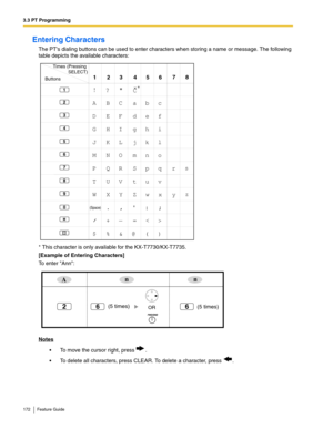 Page 1723.3 PT Programming
172 Feature Guide
Entering Characters
The PTs dialing buttons can be used to enter characters when storing a name or message. The following 
table depicts the available characters:
* This character is only available for the KX-T7730/KX-T7735.
[Example of Entering Characters]
To enter Ann:
Notes
 To move the cursor right, press .
 To delete all characters, press CLEAR. To delete a character, press .
Times (Pressing 
SELECT)
Buttons
14
1
2536
2
3
4
5
6
7
8
9
A
D
G
J
M
P
T
$ ?
a Bb Cc
d...