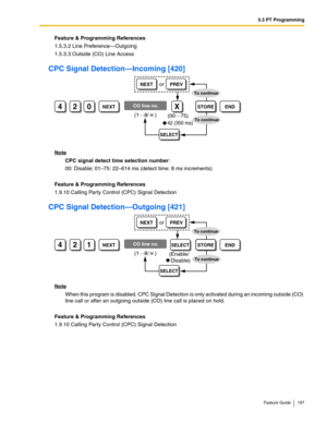 Page 1973.3 PT Programming
Feature Guide 197
Feature & Programming References
1.5.3.2 Line Preference—Outgoing
1.5.3.3 Outside (CO) Line Access
CPC Signal Detection—Incoming [420]
Note
CPC signal detect time selection number:
00: Disable; 01–75: 22–614 ms (detect time: 8 ms increments)
Feature & Programming References
1.9.10 Calling Party Control (CPC) Signal Detection
CPC Signal Detection—Outgoing [421]
Note
When this program is disabled, CPC Signal Detection is only activated during an incoming outside (CO)...