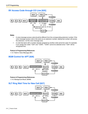 Page 2123.3 PT Programming
212 Feature Guide
BV Access Code through CO Line [625]
Notes
 A voice message access code should be different from the corresponding extension number. If the 
voice message access code is the same as an extension number, dialing that number will access 
the extension, not the voice message area. 
 A code that starts with a number already assigned as another code cannot be used. For example, 
if you assign the codes 1234 and 12345, 12345 cannot be selected since 1234 will be...