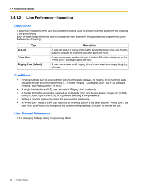 Page 321.4 Answering Features
32 Feature Guide
1.4.1.2 Line Preference—Incoming
Description
A proprietary telephone (PT) user can select the method used to answer incoming calls from the following 
3 line preferences. 
 
Each of these line preferences can be selected by each extension through personal programming (Line 
Preference—Incoming). 
Conditions
 Ringing methods can be selected from among immediate, delayed, no ringing, or no incoming calls 
(disable) through system programming (
 Flexible...