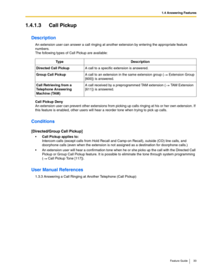 Page 331.4 Answering Features
Feature Guide 33
1.4.1.3 Call Pickup
Description
An extension user can answer a call ringing at another extension by entering the appropriate feature 
numbers. 
 
The following types of Call Pickup are available:
Call Pickup Deny 
An extension user can prevent other extensions from picking up calls ringing at his or her own extension. If 
this feature is enabled, other users will hear a reorder tone when trying to pick up calls.
Conditions
[Directed/Group Call Pickup]
Call Pickup...