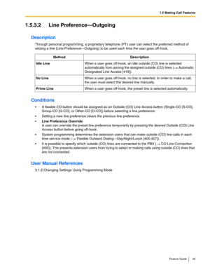 Page 451.5 Making Call Features
Feature Guide 45
1.5.3.2 Line Preference—Outgoing
Description
Through personal programming, a proprietary telephone (PT) user can select the preferred method of 
seizing a line (Line Preference—Outgoing) to be used each time the user goes off-hook. 
Conditions
 A flexible CO button should be assigned as an Outside (CO) Line Access button (Single-CO [S-CO], 
Group-CO [G-CO], or Other-CO [O-CO]) before selecting a line preference.
 Setting a new line preference clears the...