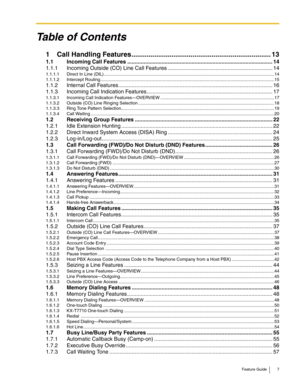 Page 7Feature Guide 7
Table of Contents
1 Call Handling Features.........................................................................13
1.1 Incoming Call Features .................................................................................................14
1.1.1 Incoming Outside (CO) Line Call Features ......................................................................14
1.1.1.1 Direct In Line (DIL)...