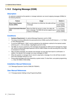 Page 921.14 Optional Device Features
92 Feature Guide
1.14.5 Outgoing Message (OGM)
Description
An extension assigned as the operator or manager extension can record outgoing messages (OGMs) for 
the following features:
Conditions
Hardware Requirement: An optional Message Expansion card for OGM.
 This feature functions differently from personal/common OGMs used by the BV feature ( 1.14.7 Built-
in Voice Message (BV)).
 To use the OGM feature, DISA must be selected as the distribution method for the desired...