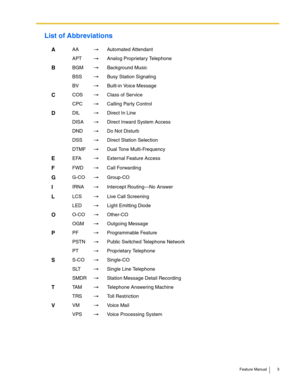 Page 3Feature Manual 3
List of Abbreviations
AAA Automated Attendant
APT Analog Proprietary Telephone
BBGM Background Music
BSS Busy Station Signaling
BV Built-in Voice Message
CCOS Class of Service
CPC Calling Party Control
DDIL Direct In Line
DISA Direct Inward System Access
DND Do Not Disturb
DSS Direct Station Selection
DTMF Dual Tone Multi-Frequency
EEFA External Feature Access
FFWD Call Forwarding
GG-CO Group-CO
IIRNA Intercept Routing—No Answer
LLCS Live Call Screening
LED Light Emitting Diode
OO-CO...