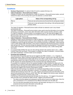 Page 321.1 General Features
32 Feature Manual
Conditions
Hardware Requirement: An optional Caller ID card for outside (CO) lines 4–8.
Caller ID Indication—Personal/Common Button
A flexible CO button can be customized as a Caller ID Indication—Personal/Common button, and will 
indicate the status of the Incoming Call Log for the extension, as shown below.
The Caller ID Indication—Personal/Common button will alert an extension user to any missed 
(unanswered) calls. 
The Caller ID Indication—Personal/Common...