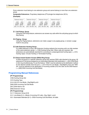 Page 761.1 General Features
76 Feature Manual
Every extension must belong to one extension group and cannot belong to more than one extension 
group. 
Assignable Extensions: Proprietary telephones (PTs)/single line telephones (SLTs)
[Example]
2.1.Call Pickup, Group 
Using the Call Pickup feature, extensions can answer any calls within the call pickup group to which 
they belong.
2.2.Paging—Group
Using the Paging feature, extensions can make a page to any paging group, or answer a page 
made to any group....