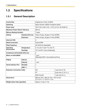 Page 181.3 Specifications
18 Installation Manual
1.3 Specifications
1.3.1 General Description
Control BusOriginal bus (16-bit, 24 MHz)
SwitchingSpace Division CMOS Crosspoint Switch
Power Input100 V AC to 240 V AC, 1.5 A to 0.75 A, 50 Hz/60 Hz
Maximum Power Failure Tolerance300 ms 
Memory Backup Duration7 years
Dialing Outside (CO) LinePulse (10 pps, 20 pps) or Tone (DTMF)
ExtensionPulse (10 pps, 20 pps) or Tone (DTMF)
Intercom Path4
Mode ConversionPulse-DTMF
Ring Frequency20 Hz/25 Hz (selectable)
Operating...