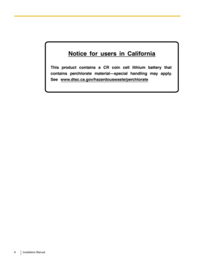 Page 66 Installation Manual
Notice for users in California
This product contains a CR coin cell lithium battery that 
contains perchlorate material—special handling may apply.
See www.dtsc.ca.gov/hazardouswaste/perchlorate 