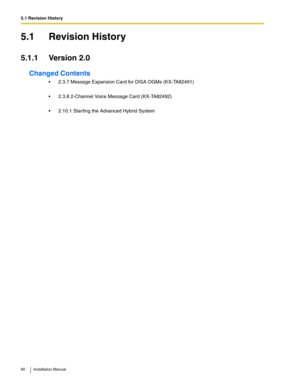 Page 905.1 Revision History
90 Installation Manual
5.1 Revision History
5.1.1 Version 2.0
Changed Contents
 2.3.7 Message Expansion Card for DISA OGMs (KX-TA82491)
 2.3.8 2-Channel Voice Message Card (KX-TA82492)
 2.10.1 Starting the Advanced Hybrid System 