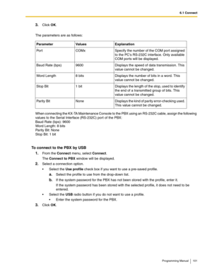 Page 1016.1 Connect
Programming Manual 101
3.Click OK.
The parameters are as follows:
When connecting the KX-TA Maintenance Console to the PBX using an RS-232C cable, assign the following 
values to the Serial Interface (RS-232C) port of the PBX:
Baud Rate (bps): 9600
Word Length: 8 bits
Parity Bit: None
Stop Bit: 1 bit
To connect to the PBX by USB
1.
From the Connect menu, select Connect.
The Connect to PBX window will be displayed.
2.Select a connection option.
 Select the Use profile check box if you want to...