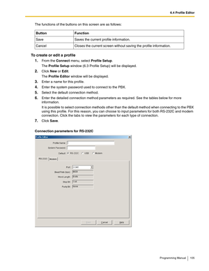 Page 1056.4 Profile Editor
Programming Manual 105
The functions of the buttons on this screen are as follows:
To create or edit a profile
1.
From the Connect menu, select Profile Setup.
The Profile Setup window (6.3 Profile Setup) will be displayed.
2.Click New or Edit.
The Profile Editor window will be displayed.
3.Enter a name for this profile.
4.Enter the system password used to connect to the PBX.
5.Select the default connection method.
6.Enter the detailed connection method parameters as required. See the...