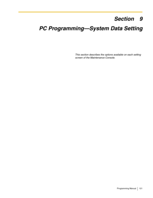 Page 121Programming Manual 121
Section 9
PC Programming—System Data Setting
This section describes the options available on each setting 
screen of the Maintenance Console. 