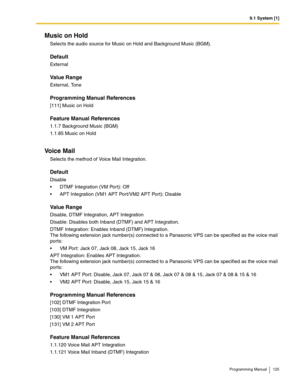 Page 1259.1 System [1]
Programming Manual 125
Music on Hold
Selects the audio source for Music on Hold and Background Music (BGM).
Default
External
Value Range
External, Tone
Programming Manual References
[111] Music on Hold
Feature Manual References
1.1.7 Background Music (BGM)
1.1.85 Music on Hold
Voice Mail
Selects the method of Voice Mail Integration.
Default
Disable
 DTMF Integration (VM Port): Off
 APT Integration (VM1 APT Port/VM2 APT Port): Disable
Value Range
Disable, DTMF Integration, APT...