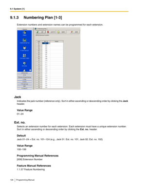 Page 1269.1 System [1]
126 Programming Manual
9.1.3 Numbering Plan [1-3]
Extension numbers and extension names can be programmed for each extension.
Jack
Indicates the jack number (reference only). Sort in either ascending or descending order by clicking the Jack 
header.
Value Range
01–24
Ext. no.
Selects an extension number for each extension. Each extension must have a unique extension number. 
Sort in either ascending or descending order by clicking the Ext. no. header.
Default
Jack 01–24 = Ext. no. 101–124...