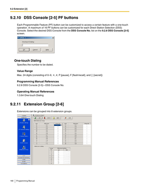 Page 1809.2 Extension [2]
180 Programming Manual
9.2.10 DSS Console [2-5] PF buttons
Each Programmable Feature (PF) button can be customized to access a certain feature with a one-touch 
operation. A maximum of 16 PF buttons can be customized for each Direct Station Selection (DSS) 
Console. Select the desired DSS Console from the DSS Console No. list on the 9.2.8 DSS Console [2-5] 
screen.
One-touch Dialing
Specifies the number to be dialed.
Value Range
Max. 24 digits (consisting of 0–9,  , #, P [pause], F...