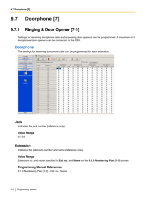 Page 2109.7 Doorphone [7]
210 Programming Manual
9.7 Doorphone [7]
9.7.1 Ringing & Door Opener [7-1]
Settings for receiving doorphone calls and accessing door openers can be programmed. A maximum of 4 
doorphones/door openers can be connected to the PBX.
Doorphone
The settings for receiving doorphone calls can be programmed for each extension.
Jack
Indicates the jack number (reference only).
Value Range
01–24
Extension
Indicates the extension number and name (reference only).
Value Range
Extension no. and name...