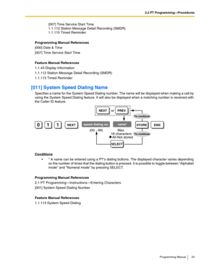 Page 232.2 PT Programming—Procedures
Programming Manual 23
[007] Time Service Start Time
1.1.112 Station Message Detail Recording (SMDR) 
1.1.115 Timed Reminder 
Programming Manual References
[000] Date & Time
[007] Time Service Start Time
Feature Manual References
1.1.43 Display Information
1.1.112 Station Message Detail Recording (SMDR)
1.1.115 Timed Reminder
[011] System Speed Dialing Name
Specifies a name for the System Speed Dialing number. The name will be displayed when making a call by 
using the System...