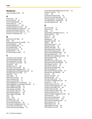 Page 232Index  
232 Programming Manual
Numerics
3-level AA Assignment [540] 55
A
Access Levels 85
Account Code [310] 36
Account Code Mode [605] 57
Account Codes [1-5] 130
Automated Attendant [6-1] 199
Automated Attendant [6-1] AA dial 201
Automatic Designated Line Access [419] 44
Automatic Pause Insertion Code [311] 37
Automatic Pause Insertion Codes [1-9] 141
Automatic Time Adjustment [152] 31
B
BGM Control for APT [626] 63
BV [8] 215
BV Access Code through CO Line [625] 63
BV Card Initialization 120
BV Card...