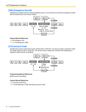 Page 362.2 PT Programming—Procedures
36 Programming Manual
[309] Emergency Number
Specifies the numbers used for making emergency calls. It is not necessary to prefix the emergency number 
with an Outside (CO) Line Access number.
Feature Manual References
1.1.49 Emergency Call
1.1.117 Toll Restriction (TRS)
[310] Account Code
Specifies the account codes that must be entered when Verify-All  (an account code is required to make 
an outside (CO) line call) or Verify-Toll  (an account code is required to override...