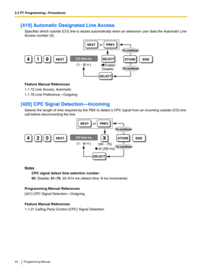 Page 442.2 PT Programming—Procedures
44 Programming Manual
[419] Automatic Designated Line Access
Specifies which outside (CO) line is seized automatically when an extension user dials the Automatic Line 
Access number (9).
Feature Manual References
1.1.72 Line Access, Automatic
1.1.76 Line Preference—Outgoing
[420] CPC Signal Detection—Incoming
Selects the length of time required by the PBX to detect a CPC signal from an incoming outside (CO) line 
call before disconnecting the line.
Notes
CPC signal detect...