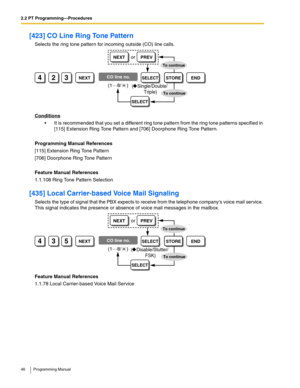 Page 462.2 PT Programming—Procedures
46 Programming Manual
[423] CO Line Ring Tone Pattern
Selects the ring tone pattern for incoming outside (CO) line calls.
Conditions
 It is recommended that you set a different ring tone pattern from the ring tone patterns specified in 
[115] Extension Ring Tone Pattern and [706] Doorphone Ring Tone Pattern.
Programming Manual References
[115] Extension Ring Tone Pattern
[706] Doorphone Ring Tone Pattern
Feature Manual References
1.1.108 Ring Tone Pattern Selection
[435]...