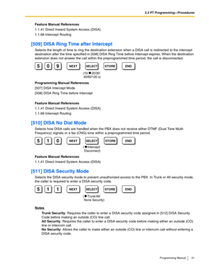 Page 512.2 PT Programming—Procedures
Programming Manual 51
Feature Manual References
1.1.41 Direct Inward System Access (DISA)
1.1.68 Intercept Routing
[509] DISA Ring Time after Intercept
Selects the length of time to ring the destination extension when a DISA call is redirected to the intercept 
destination after the time specified in [508] DISA Ring Time before Intercept expires. When the destination 
extension does not answer the call within the preprogrammed time period, the call is disconnected....