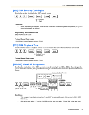 Page 552.2 PT Programming—Procedures
Programming Manual 55
[530] DISA Security Code Digits
Selects the number of digits for the DISA security codes.
Conditions
 When this setting is changed, DISA security codes that have already been assigned in [512] DISA 
Security Code will be cleared.
Programming Manual References
[512] DISA Security Code
Feature Manual References
1.1.41 Direct Inward System Access (DISA)
[531] DISA Ringback Tone
Selects whether to send a ringback tone or Music on Hold to the caller when a...