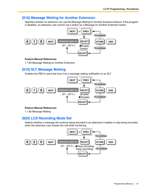 Page 612.2 PT Programming—Procedures
Programming Manual 61
[618] Message Waiting for Another Extension
Specifies whether an extension can use the Message Waiting for Another Extension feature. If this program 
is disabled, an extension user cannot use a button as a Message for Another Extension button.
Feature Manual References
1.1.83 Message Waiting for Another Extension
[619] SLT Message Waiting
Enables the PBX to send dial tone 3 as a message waiting notification to an SLT.
Feature Manual References
1.1.82...