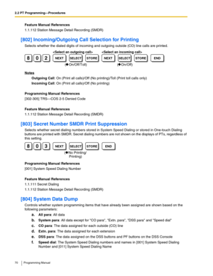 Page 702.2 PT Programming—Procedures
70 Programming Manual
Feature Manual References
1.1.112 Station Message Detail Recording (SMDR)
[802] Incoming/Outgoing Call Selection for Printing
Selects whether the dialed digits of incoming and outgoing outside (CO) line calls are printed.
Notes
Outgoing Call: On (Print all calls)/Off (No printing)/Toll (Print toll calls only)
Incoming Call: On (Print all calls)/Off (No printing)
Programming Manual References
[302-305] TRS—COS 2-5 Denied Code
Feature Manual References...